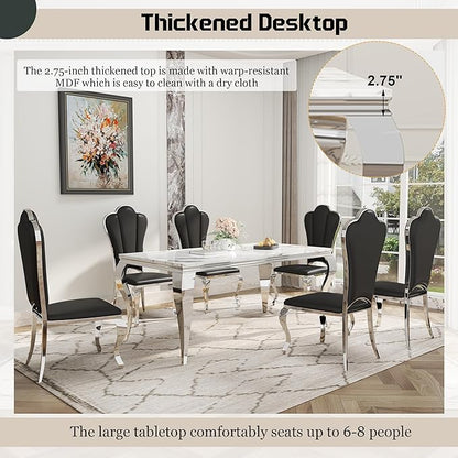 Dining Table Set for 6, 7-Piece Kitchen Table Chairs Set, Modern Dining Room Set with 70'' Marble Dinner Table and 6 Petaloid Backrest Upholstered Chairs for Kitchen, Black & Silver