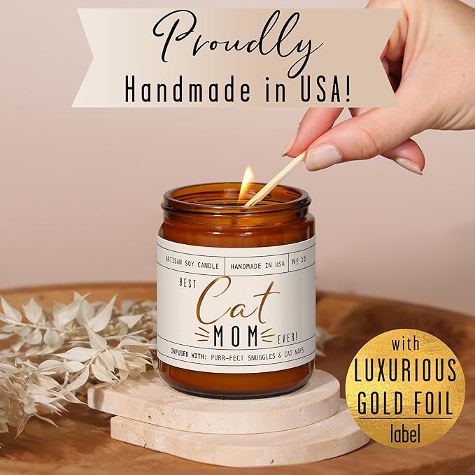 Cat Mom Gifts, Cat Gifts for Women Unique, Cat Lover Gifts for Women - 'Best Cat Mom Ever' Candle, w/Vanilla, Coconut & Vetiver I Cat Decor Themed I Cat Gifts for Cat Lovers I 50Hr Burn, USA Made