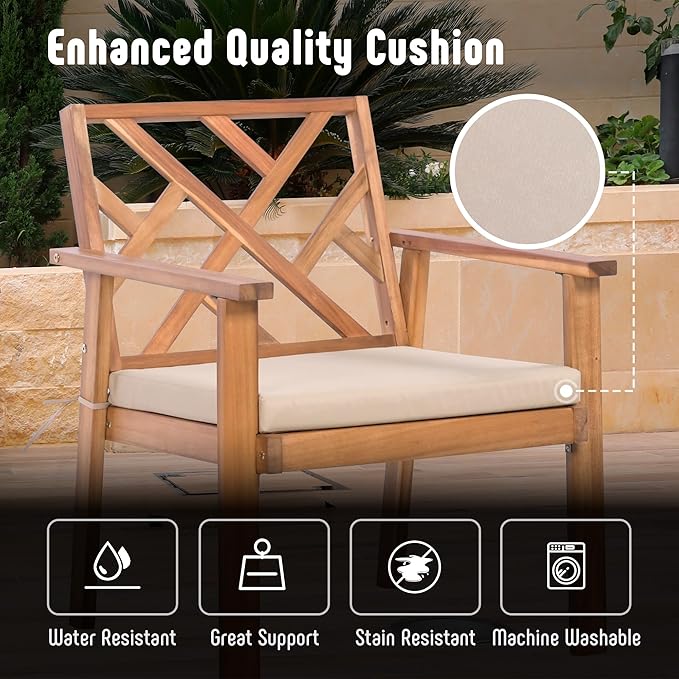 3 Piece Outdoor Patio Furniture Set, Wooden Conversation Patio Set with Padded Cushion Chairs and Coffee Table, Acacia Wood Lounge Conversation Set for Porch Balcony Deck Backyard