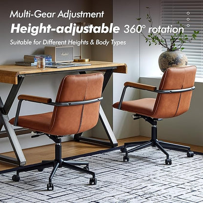 Home Office Desk Chair, Ergonomic Minimalist Faux Leather Swivel Chair with Oak Wood Armrests, Comfortable Task Chair for Computer or Study Room, 2 Pack, Rust Brown
