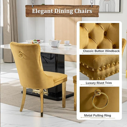 Goujxcy Glass Dining Table Set for 6, Modern Kitchen Table and Chairs Set of 6, 7-Piece Kitchen Dining Room Table Set w/61 Glass Gold Dining Table and 6 Yellow Velvet Upholstered Chairs