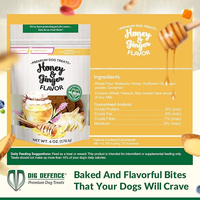 Dig Defence Premium Dog Treats - Honey/Ginger and Carrot/Peanut Butter, Natural Ingredients, Baked Gourmet Snacks for Small & Big Dogs, Healthy Training Treat, 2 Pack