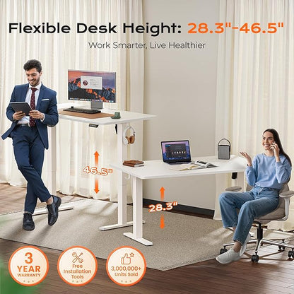 Huuger 55 x 28 Large Electric Standing Desk, Height Adjustable Copmuter Desk, 27.6" Deep Desktop, Stand up Gaming Office Table with 2 Hooks, 3 Preset Heights, for Home Office, White