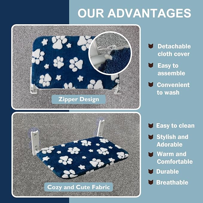 Cat Window Perch, Foldable Cat Window Hammock with Cute 3D Textured Flower Cover and Strong Suction Cups, Cordless Window Seat Bed for Indoor Cats (Navy Paw, Large)