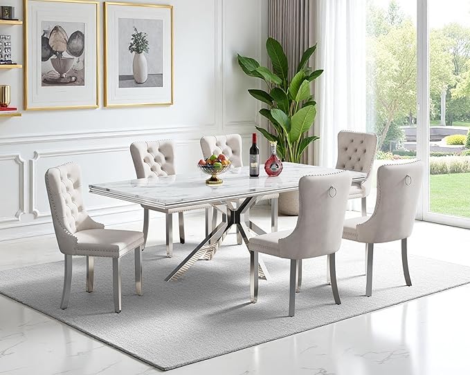 Goujxcy Luxury Dining Table Set for 6 Modern 7 Piece Faux Marble Dining Table Set with 6 Tufted Upholstered Chairs, 70" Faux Marble Kitchen Table & 6 Chairs with Mirrored Stainless Steel Base