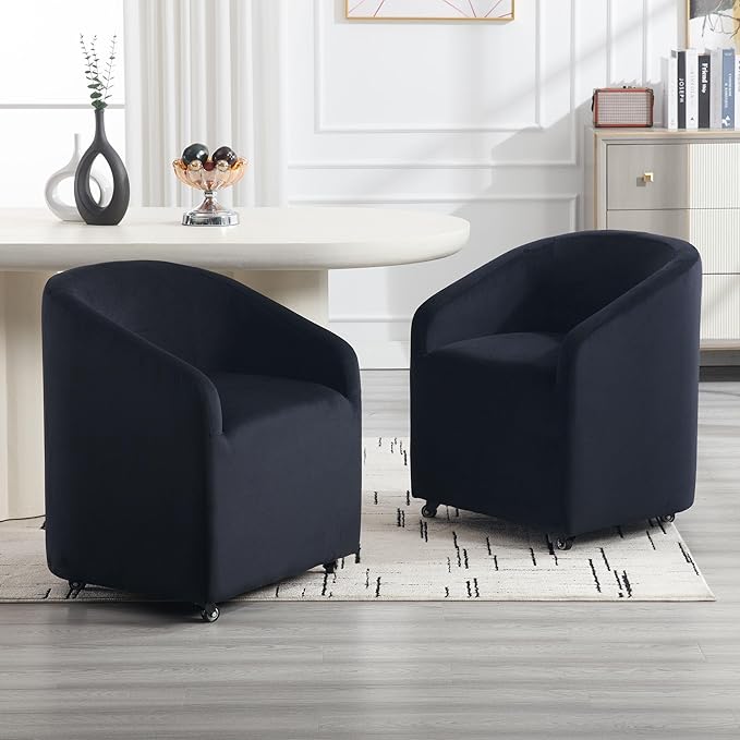 Modern Upholstered Dining Chair with Swivel Casters, Velvet Barrel Back Accent Side Chair for Dining Room Living Room, Black