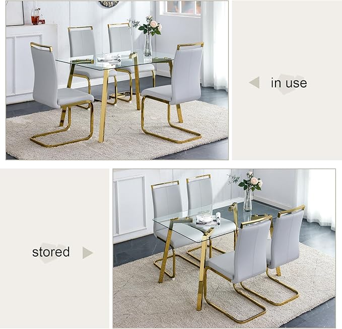 Dining Table Set of 4,51" Rectangle Tempered Glass Tabletop with Golden Metal Legs,Kitchen Room Table with 4 Light Grey Faux Leather Chairs,Dinner Table Set for Dining Room Office