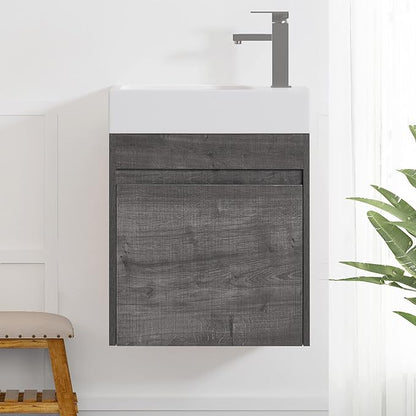 Goujxcy 18" Wall Mounted Bathroom Vanity with Sink, Modern Floating Bathroom Cabinet with White Resin Wash Basin & Storage Cabinet, Soft-Close Door Wood Hanging Bath Room Cabinet