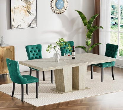 Goujxcy 5-Piece Extendable Dining Table Set for 4, 63-78 Inch Faux Travetine Kitchen Table Set with 4 Green Upholstered Chairs Modern Wood Expandable Dining Room Table Set for Kitchen Apartment