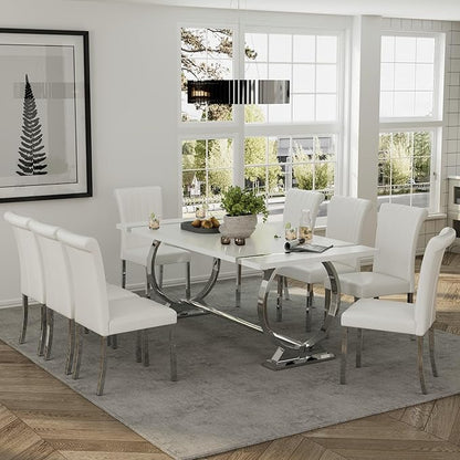 ACEDÉCOR 80" White and Silver Dining Table for 6-8, Modern Large Rectangular Lacquer Top and Chrome Metal U Shaped Base
