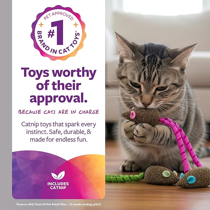 SmartyKat Magic Mice Compressed Catnip and Ribbon Cat Toys, Mess-Free for Hunting & Batting Fun for Cats & Kittens, Set of 3