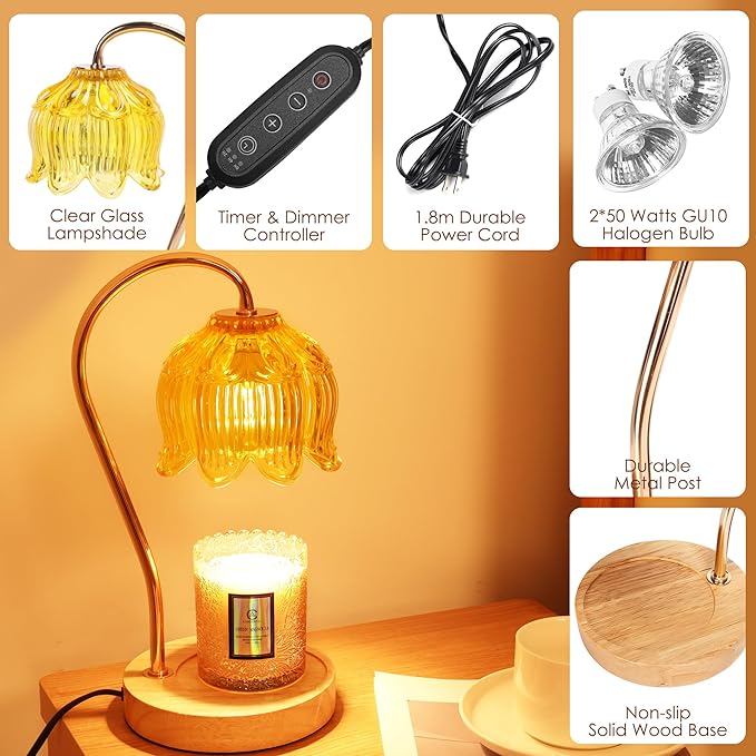 Dimmable Flower Candle Warmer Lamp with Timer - Compatible with Various Candles - Christmas & Mother's Day Gift for Women，Vintage Bedroom Home Decor
