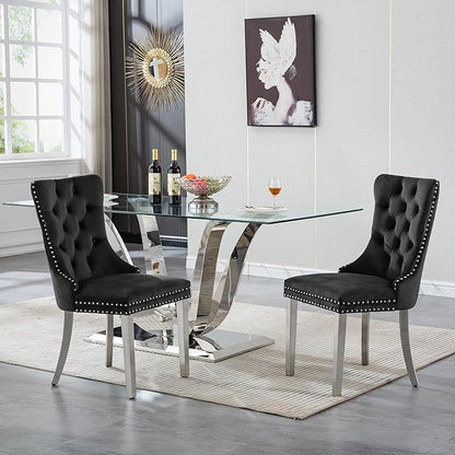 70" Modern Silver Glass Dining Table Set for 4, 5-Piece Rectangle Kitchen Dining Room Table Set with Steel Base & 4 Black Velvet Upholstered Chairs, Modern Glass Kitchen Table and Chairs Set of 4