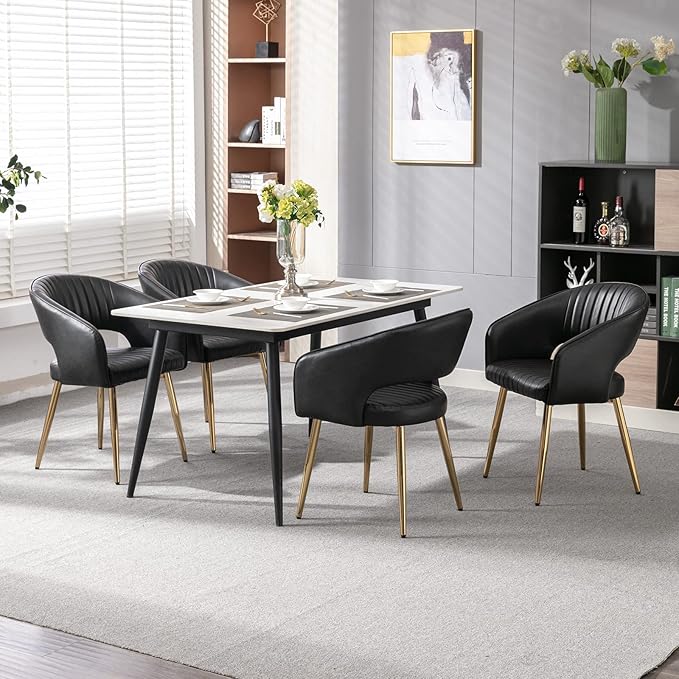 Modern Dining Chairs Set of 2, Upholstered PU Leather Gold Dining Room Chairs with Hollow Back, Accent Armrest Kitchen Chairs with Gold Legs for Living Room Black