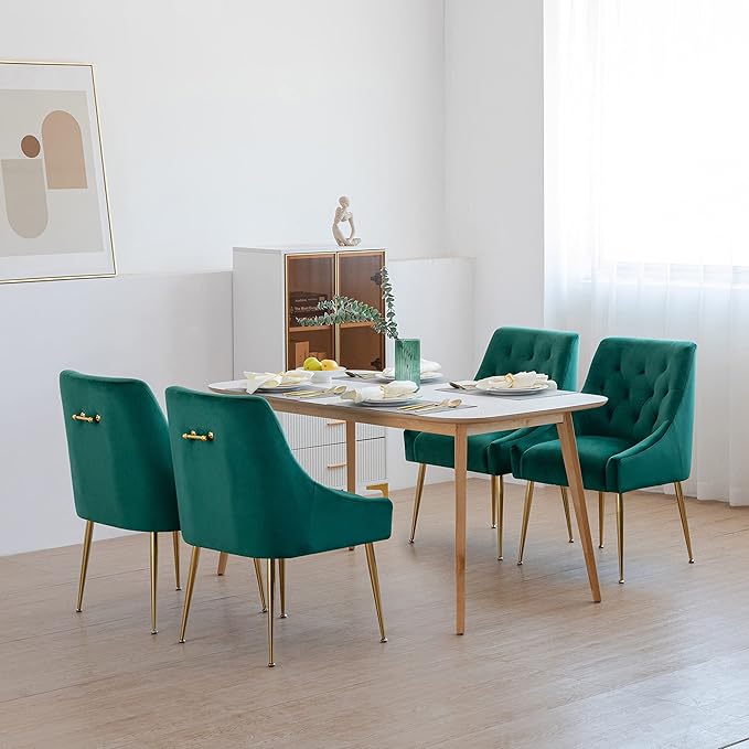 Modern Dining Chair Set of 2, Mid-Century Room Chair, Upholstered Comfortable Velvet with Back Pull Rod and Metal Legs for Kitchen, Dining, Living (Green), (DYXSD)