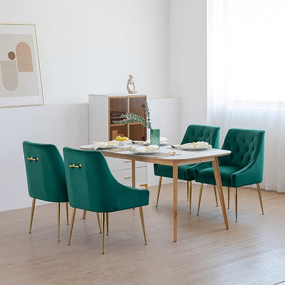 Modern Dining Chair Set of 2, Mid-Century Room Chair, Upholstered Comfortable Velvet with Back Pull Rod and Metal Legs for Kitchen, Dining, Living (Green), (DYXSD)