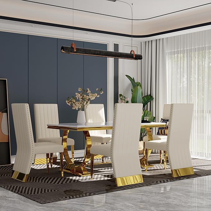 White and Gold Dining Chairs Set of 2, Glam White Leather Dining Chair with Nailhead Trims, High Back Dining Room Chairs