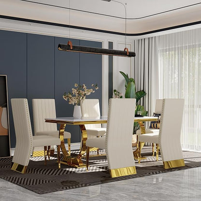 White and Gold Dining Chairs, White Faux Leather Upholstered Dining Chair Set of 4, Glam Nailhead Trim Dining Chairs with Gold Legs