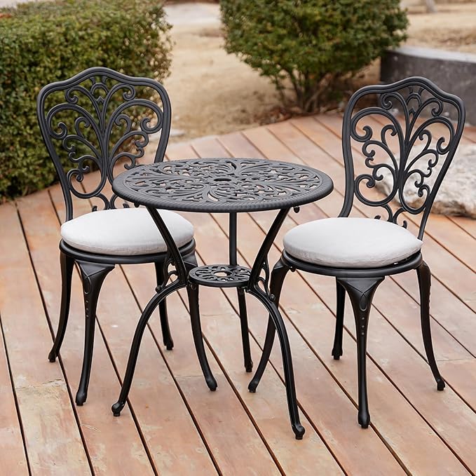 Patio Bistro Set 3 Piece with Cushions, All Weather Bistro Table and Chairs Set of 2 with Umbrella Hole, Outdoor Bistro Set, Cast Aluminum Patio Furniture Set for Garden Porch, Black
