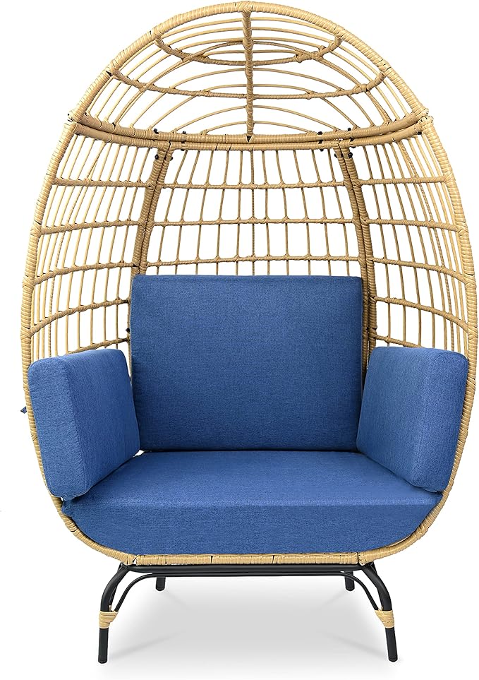 Jovial Wicker Rattan Egg Chair,Indoor Outdoor Blue Sofa Chair for Patio Backyard and Living Room with 4 Cushions and Powder Coated Steel Frame,Woven Texture Contemporary Ribbed Back Design