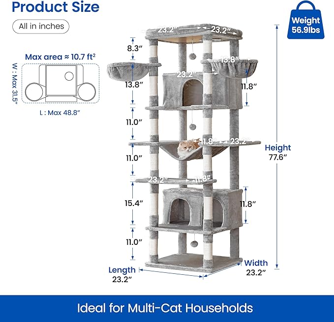 MWPO Extra Large Cat Tree, 77.6-Inch Tall Cat Tower for Indoor Cats with 2 Condos, Multi-Level Cat Stand for Large Cats, 3 Hammocks, Wide Perch, Scratching Posts, Dangling Toys, Light Grey