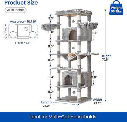 MWPO Extra Large Cat Tree, 77.6-Inch Tall Cat Tower for Indoor Cats with 2 Condos, Multi-Level Cat Stand for Large Cats, 3 Hammocks, Wide Perch, Scratching Posts, Dangling Toys, Light Grey