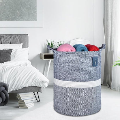 COMSE Extra Large Blanket Basket, Tall Woven Storage Basket, Nursery Hamper, 15.7”x 21.7”, Cotton Rope Laundry Hamper for Toys Clothes Towels, Blend Navy Blue/White