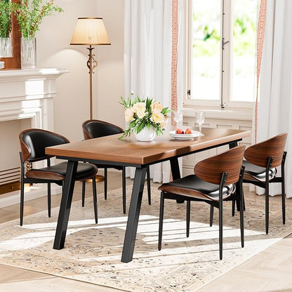 Dining Chairs Set of 4, Dining Room and Kitchen Chairs, Mid Century Modern Retro Chair, Upholstered PU Leather Chairs for Vanity with Walnut Bentwood and Metal Legs (Black)