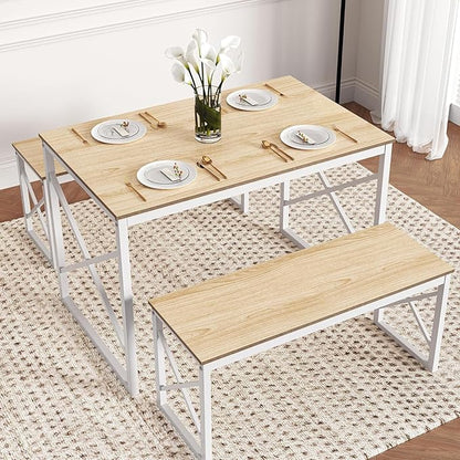 VECELO Kitchen Dining Table Benches Set for 4, 43.3" Wooden Dinette with 2 Benches, Heavy-Duty Dining Room Table for Small Space, Breakfast Nook, Natural Oak