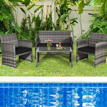Tangkula 4 PCS Wicker Patio Conversation Set, Outdoor Rattan Sofas with Table Set, Patio Furniture Set with Soft Cushions & Tempered Glass Coffee Table for Poolside Balcony