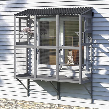 Cat Catio, Window Catio for Multiple Indoor Cats with 4 Jump Platforms, Cat Window Perch for Playing, Sunbathing, Napping, Waterproof Window Box Enclosure for Safely Enjoying Outdoor Sights