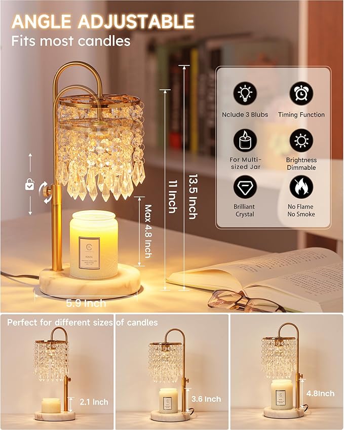 Candle Warmer Lamp with Timer Dimmer and 3 Bulbs, Candle Lamp Warmer with Marble Base for Adjustable Height, Crystal Candle Lamp for Jar Candles, House Warming Gifts Home Room Decor, Gold
