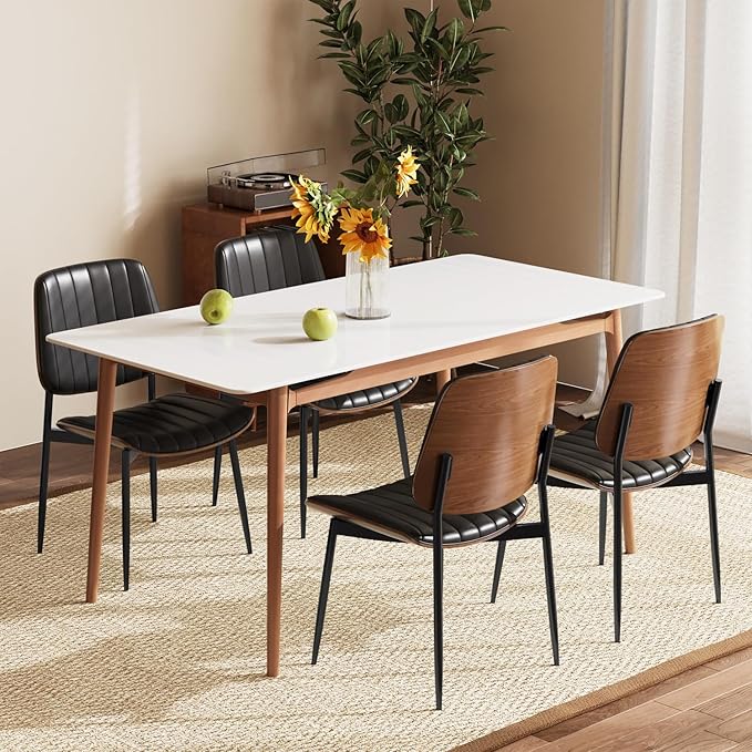 Modern Green Leather Dining Chair Set of 4, Bentwood Backrest & Black Metal Frame Ergonomic Comfort, Sustainable Style, Multi-Space Versatile, Black