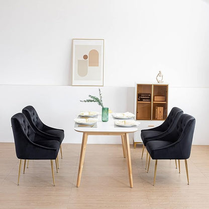 Modern Dining Chairs Set of 2, Mid Century Dining Chairs with 5.12” Cushions and Golden Legs, Velvet Upholstered Chairs with Back Pull Rod, for Kitchen, Living Room (Black)