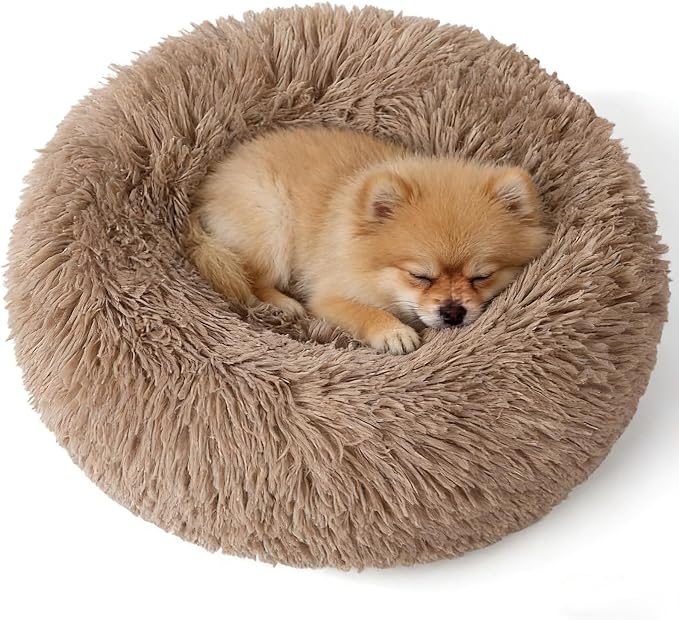Calming Donut Dog Beds for Small Dogs Kitten - Washable Removable Cover Non-Slip Bottom, Round Pet Bed Puppy Bed Warming Fluffy Faux Fur Anti-Anxiety, Fits up to 15 lbs (Camel, 20")