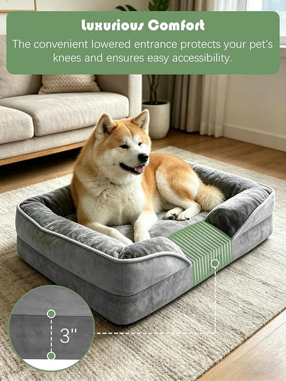 Spotted Play Orthopedic Dog Bed with Sides - Dog Sofa Beds for Extra Large Dogs, Supportive Foam Pet Couch Bed with Washable Removable Cover, Waterproof Lining and Non-Slip Bottom, Grey - XL-Plus