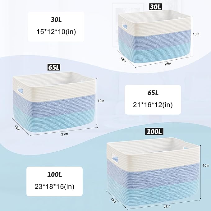 Blanket Basket,Rectangle Woven Baskets for Storage,65L Laundry Basket for Decorative Nursery Blanket,Toys,Dirty Clothes and Magazine in Shelves,Baby Room,and Living Room