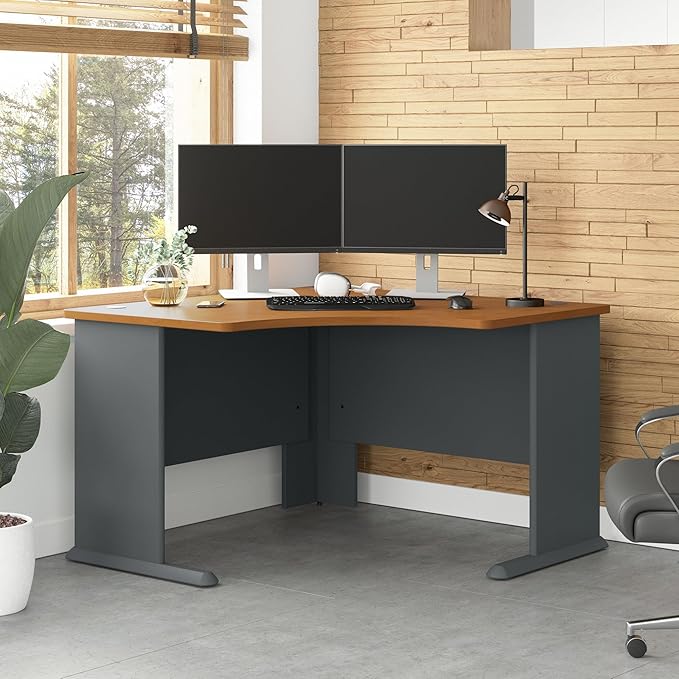 Bush Business Furniture Series A 48W Corner Desk in Natural Cherry and Slate, Compact L Shaped Workstation, Office Desktop Solution for Workspace