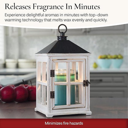 Candle Warmers Etc. White Wooden Farmhouse Candle Warmer Lantern – for Top-Down Warming & Flame-Free Fragrance