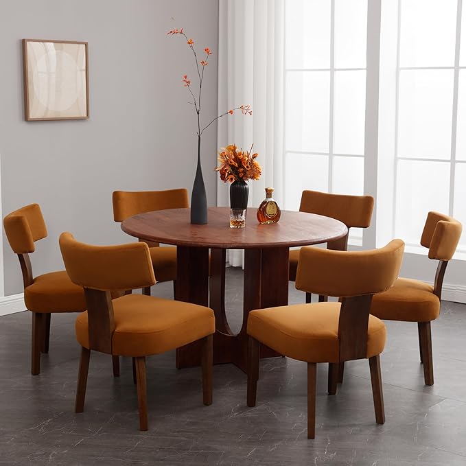 Velvet Dining Chairs Set of 6 Modern Dining Chair with Wood Legs, Upholstered Dining Chairs for Dining Room, Kitchen, Vanity, Living Room, Yellow Brown