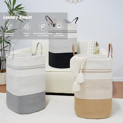 danpinera 75L Woven Laundry Hamper with Long Leather Handles, Baby Laundry Basket for Nursery, Tall Hampers for Bedroom Aesthetic, Decorative Clothes Storage Basket for Family White & Gray