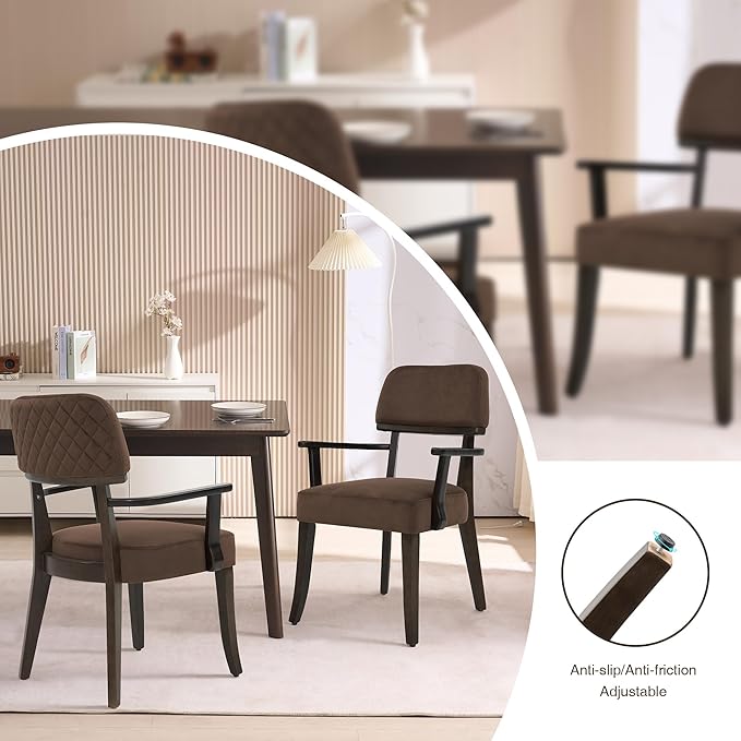Modern Wood Dining Chairs with Arms, Velvet Upholstered Kitchen Chairs with Open Curved Backrest & Black Hardwood Legs, Accent Chairs 350 LBS Capacity, Brown
