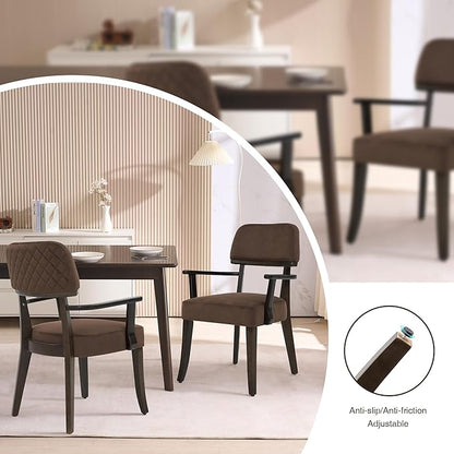 Modern Wood Dining Chairs with Arms, Velvet Upholstered Kitchen Chairs with Open Curved Backrest & Black Hardwood Legs, Accent Chairs 350 LBS Capacity, Brown