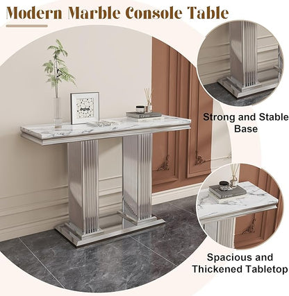 47" Marble Console Table, Modern Entryway Table with Pillar Stainless Steel Base, Rectangle Faux Marble Sofa Table for Living Room, Hallway, Foyer, White Silver