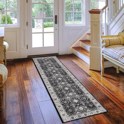 Hallway Washable Runner Rug - 2x7 Kitchen Rugs Entryway Rug Runner Vintage Soft Floor Mat Non Slip Indoor Farmhouse Carpet for Bathroom Living Room Bedroom (2 X 7, Black)