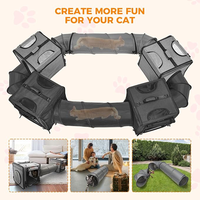 PETUX 2-in-1 Double Cat Carrier for Multiple Cats - Large Cat Travel Carrier with Litter Box, Play Tunnels, and Hammock - Portable Pet Carriers for Long Car Trips ＆ Vet Visit (34"x17"x17", Grey)