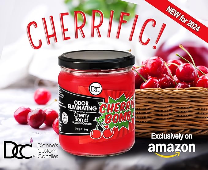 Cherry Bomb Odor Eliminating Highly Fragranced Candle - Eliminates 95% of Pet, Smoke, Food, and Other Smells Quickly - Up to 80 Hour Burn time - 12 Ounce Premium Soy Blend
