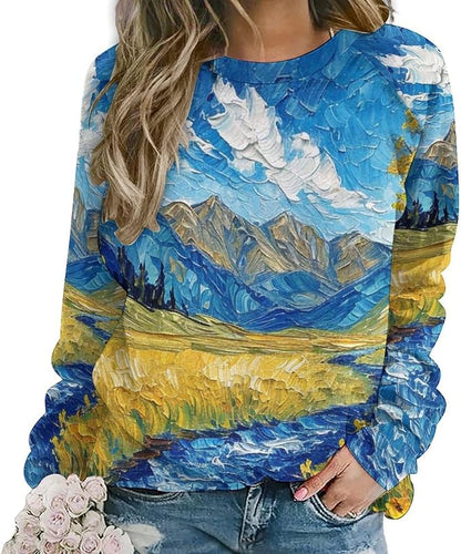 Long Sleeve Shirts for Women Cat Oil Painting Shirt 3D Graphic Sweatshirts Fall Pullover Crewneck Vintage Boho Tops