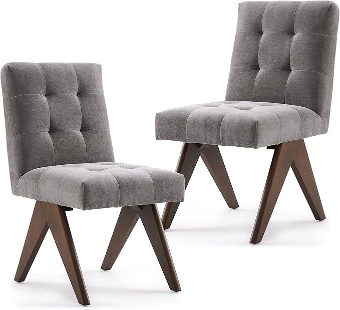 Rowill Modern Upholstered Dining Chairs Parsons Chair Linen Fabric Kitchen Chairs Tufted Armless Dining Room Chairs with Wood Legs Set of 2, Light Grey