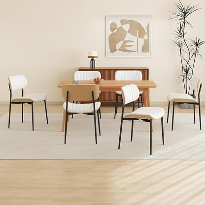 Modern PU Leather Dining Room Chairs Set of 6, Upholstered Kitchen Chairs with Curved Wood Backrest and Metal Legs Adjustable Feet for Kitchen Dining Room(White)